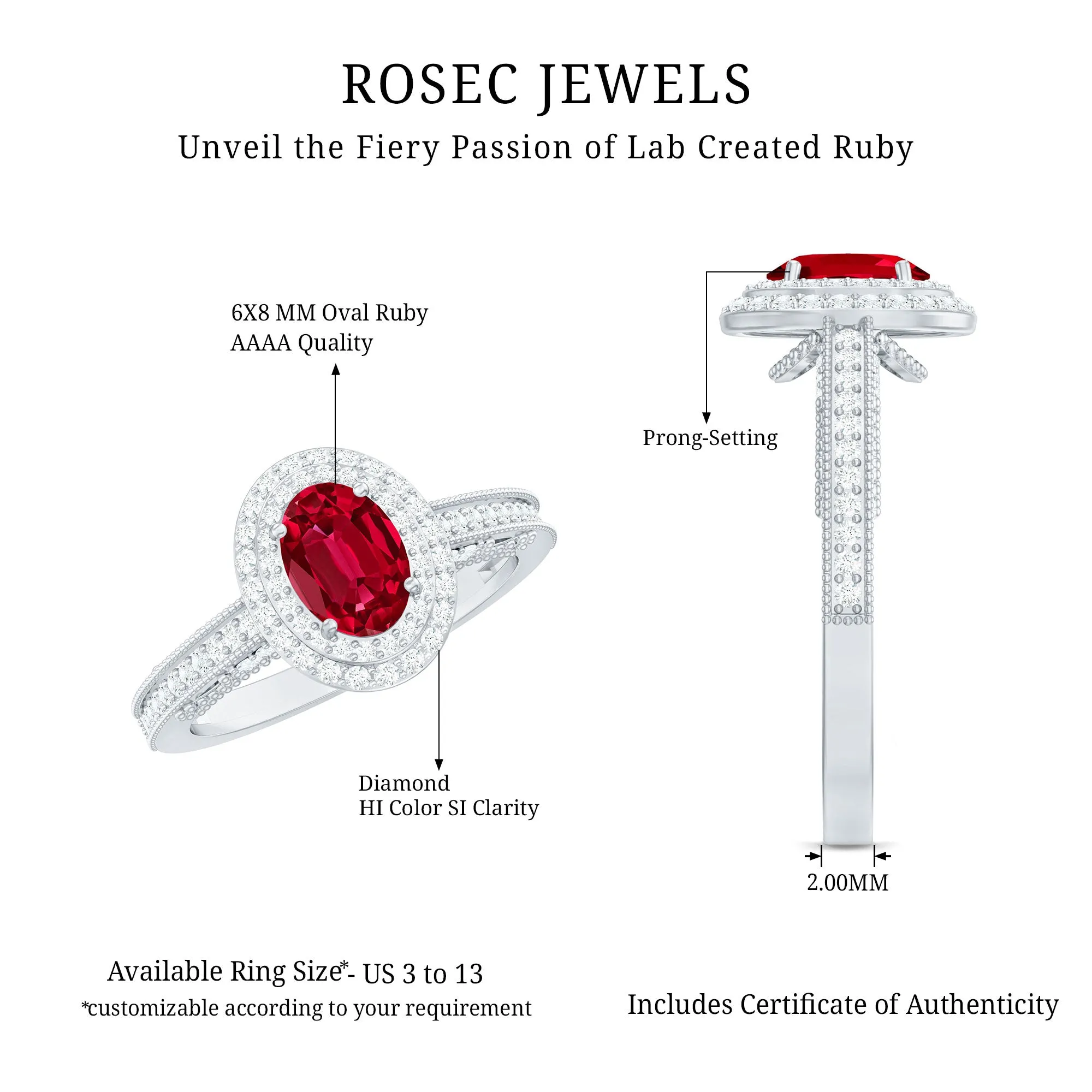 Oval Created Ruby Double Halo Engagement Ring with Diamond