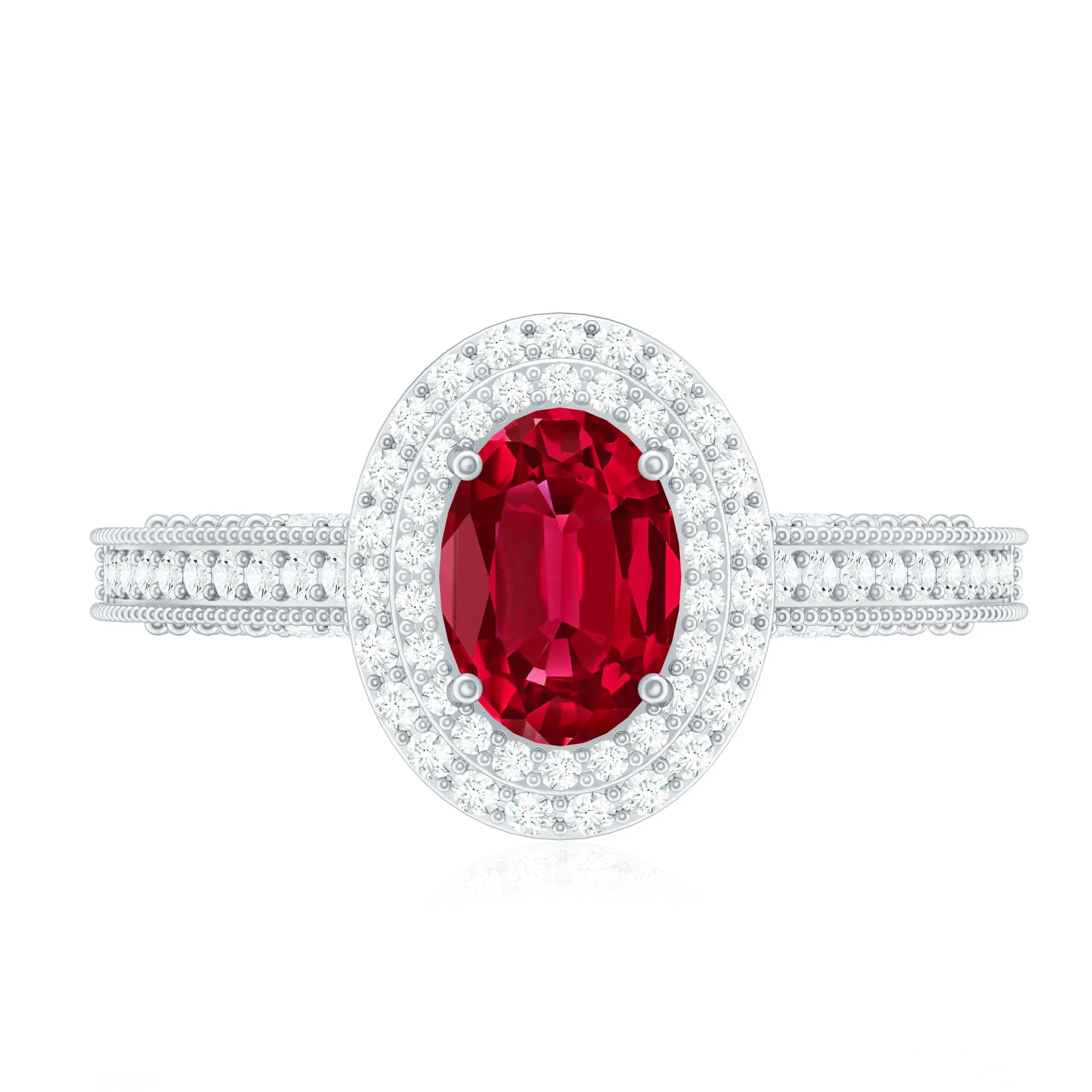 Oval Created Ruby Double Halo Engagement Ring with Diamond