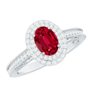 Oval Created Ruby Double Halo Engagement Ring with Diamond