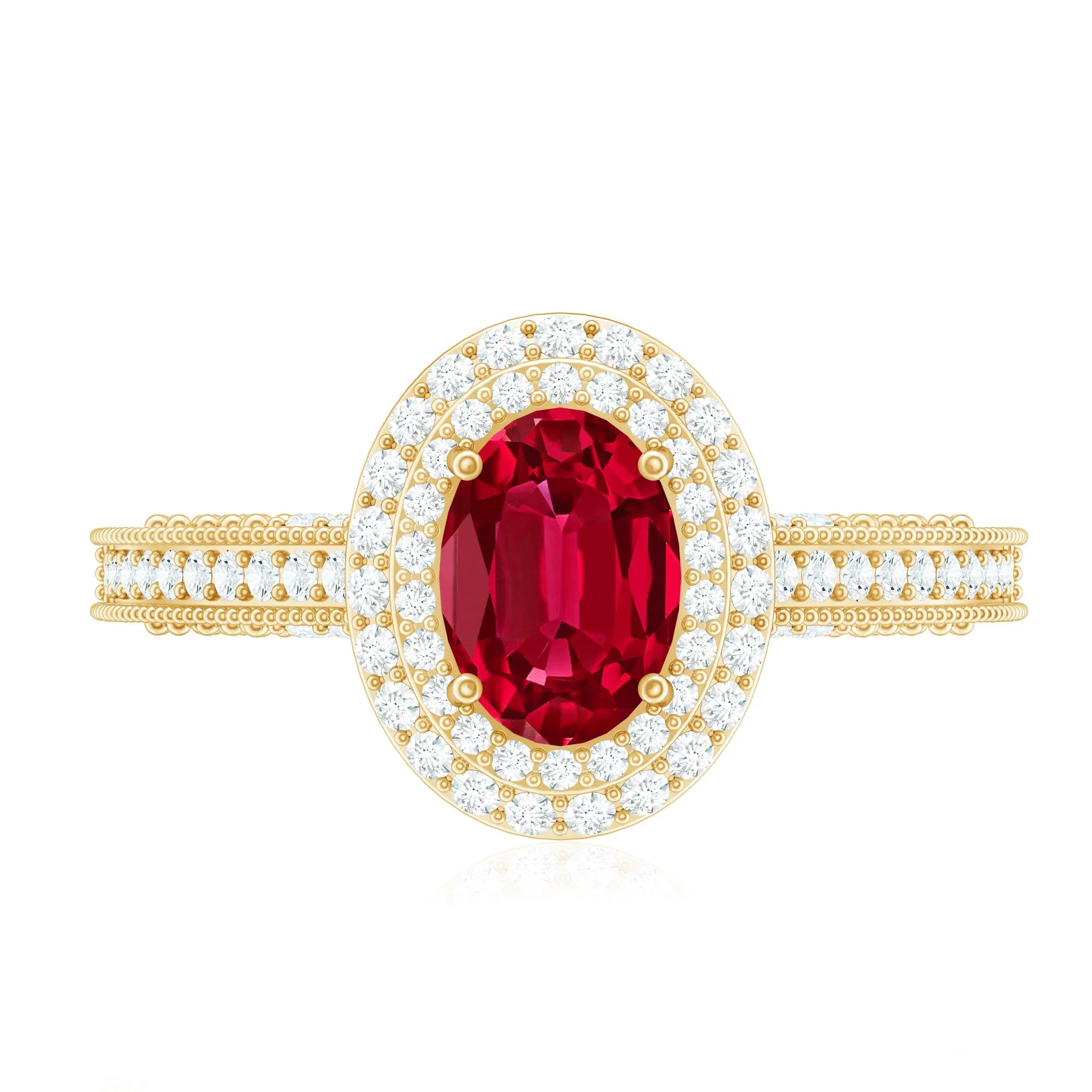 Oval Created Ruby Double Halo Engagement Ring with Diamond