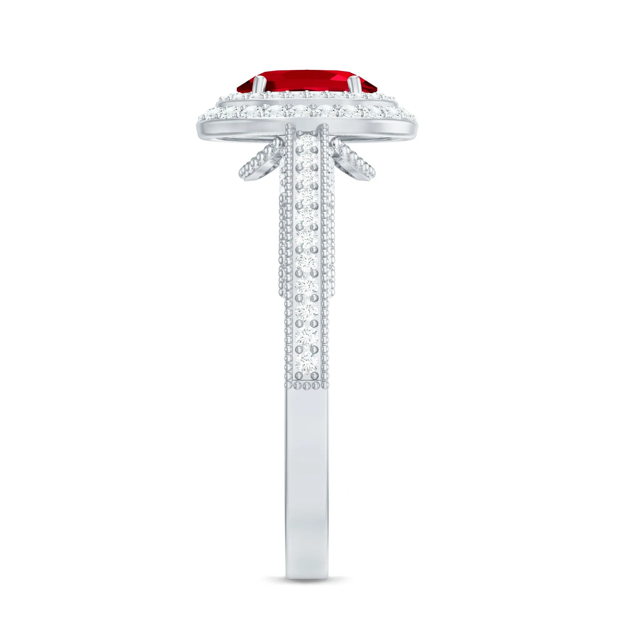 Oval Created Ruby Double Halo Engagement Ring with Diamond