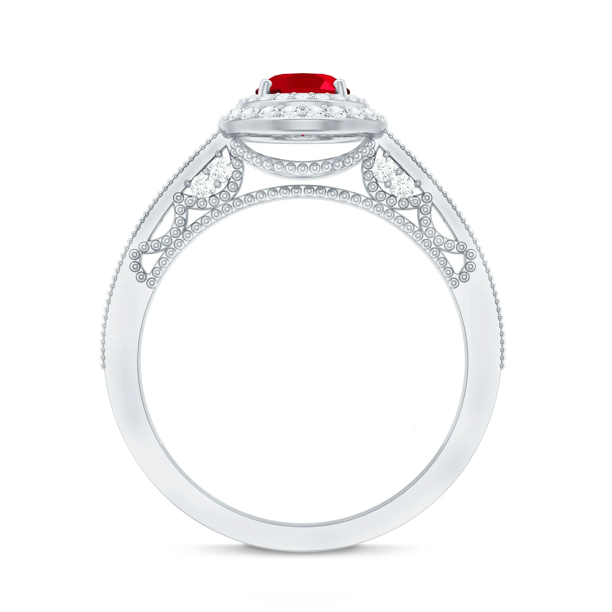 Oval Created Ruby Double Halo Engagement Ring with Diamond