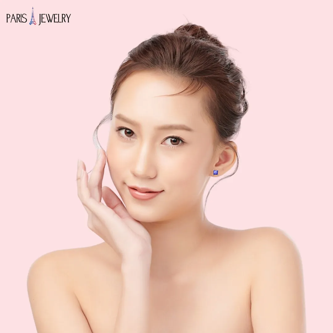 Paris Jewelry 18k White Gold 2 Pair Created Tanzanite 4mm, 6mm Round & Princess Cut Stud Earrings Plated