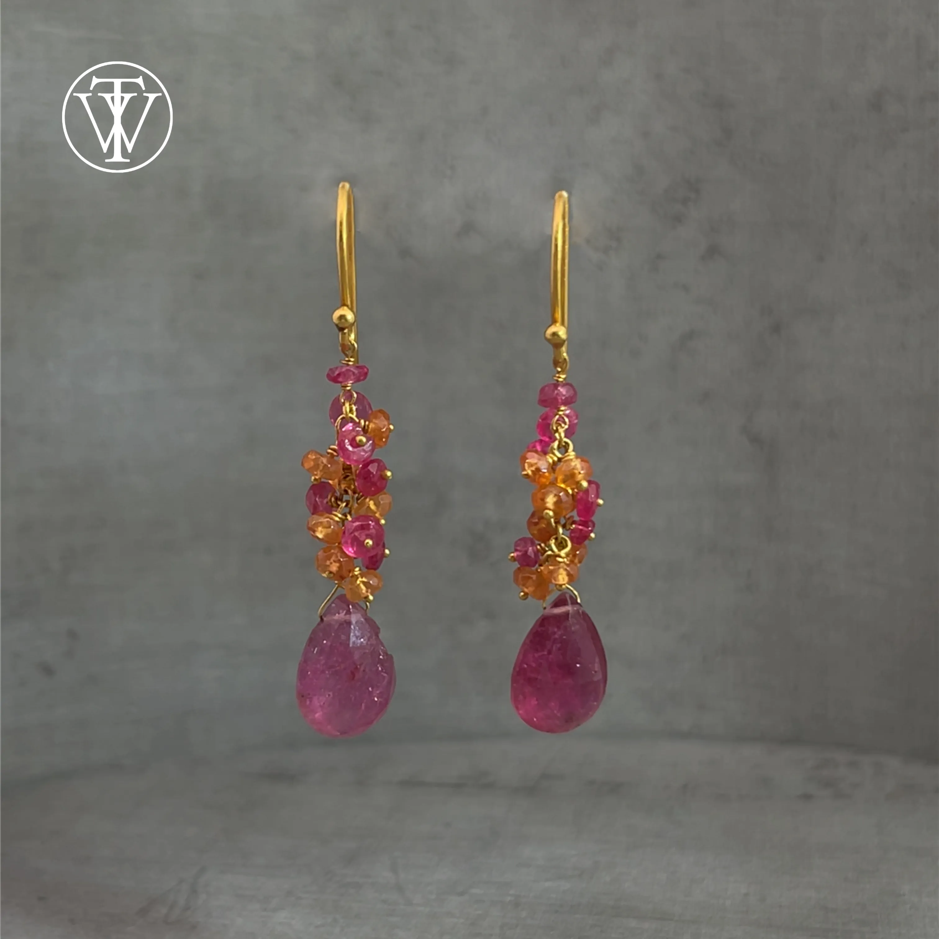 Pink and orange sapphire drop earrings