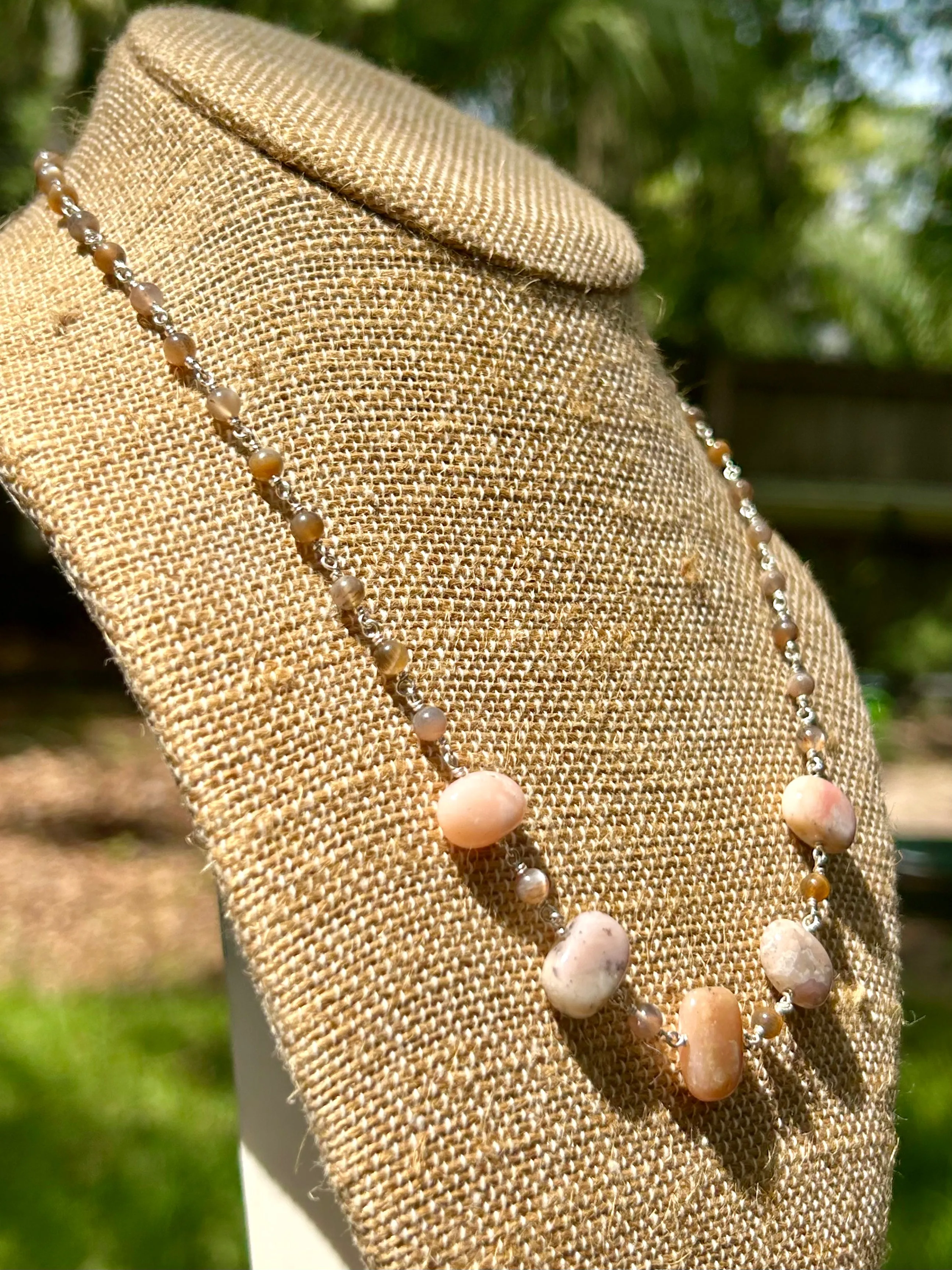 Pink Opal & Moonstone Gemstone Sterling Silver Chain Link Wire Wrapped Necklace
