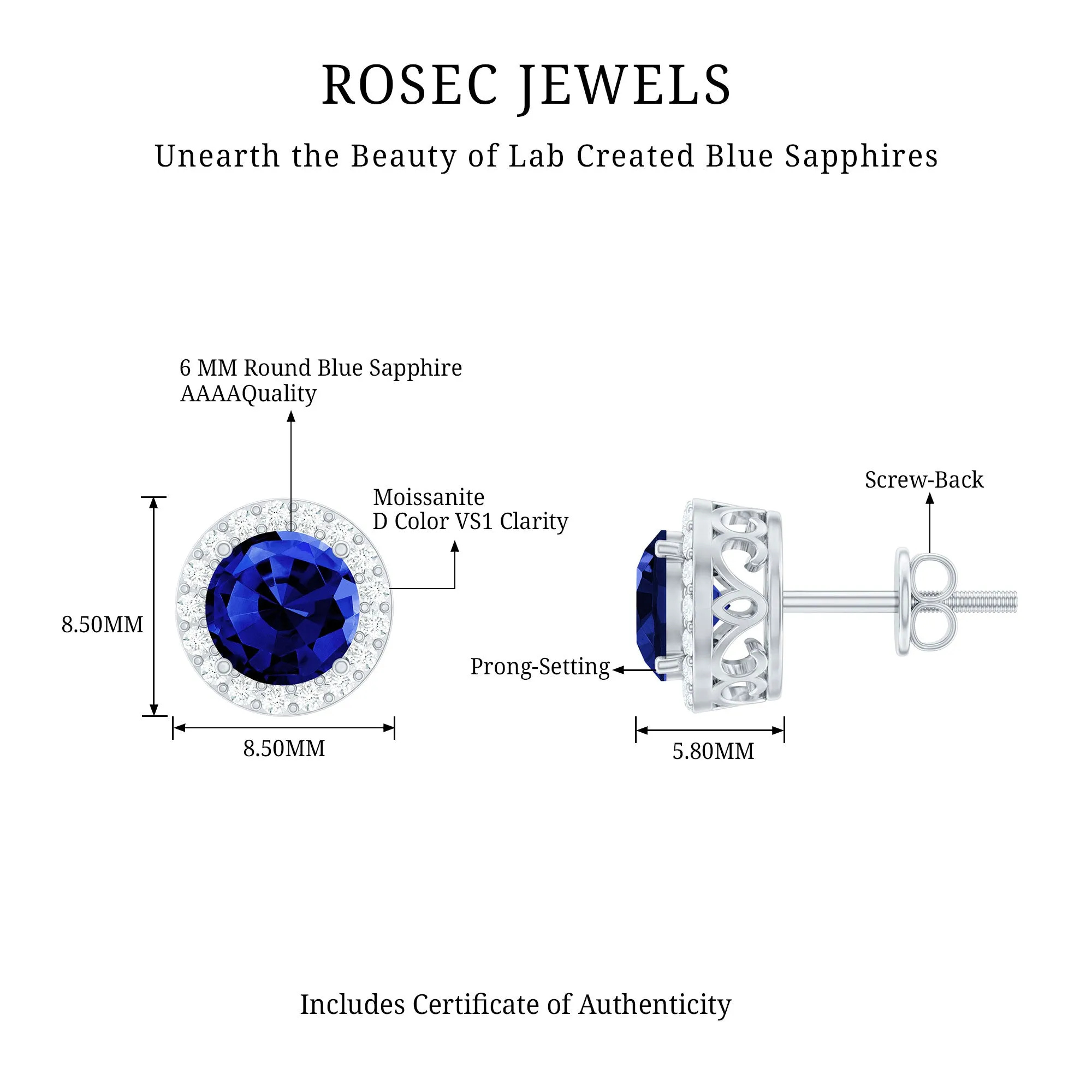 Round Created Blue Sapphire Halo Silver Stud Earrings with Moissanite