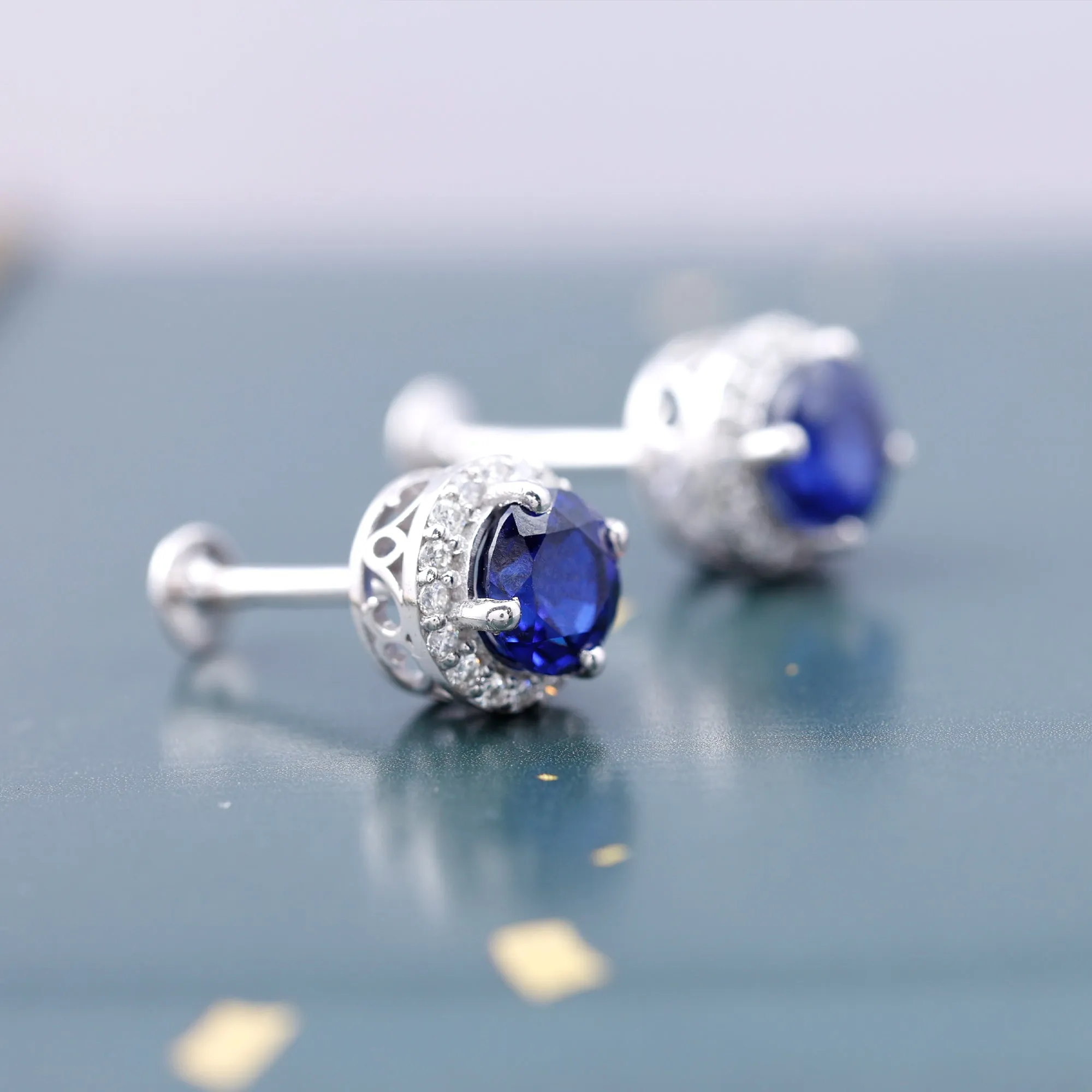 Round Created Blue Sapphire Halo Silver Stud Earrings with Moissanite