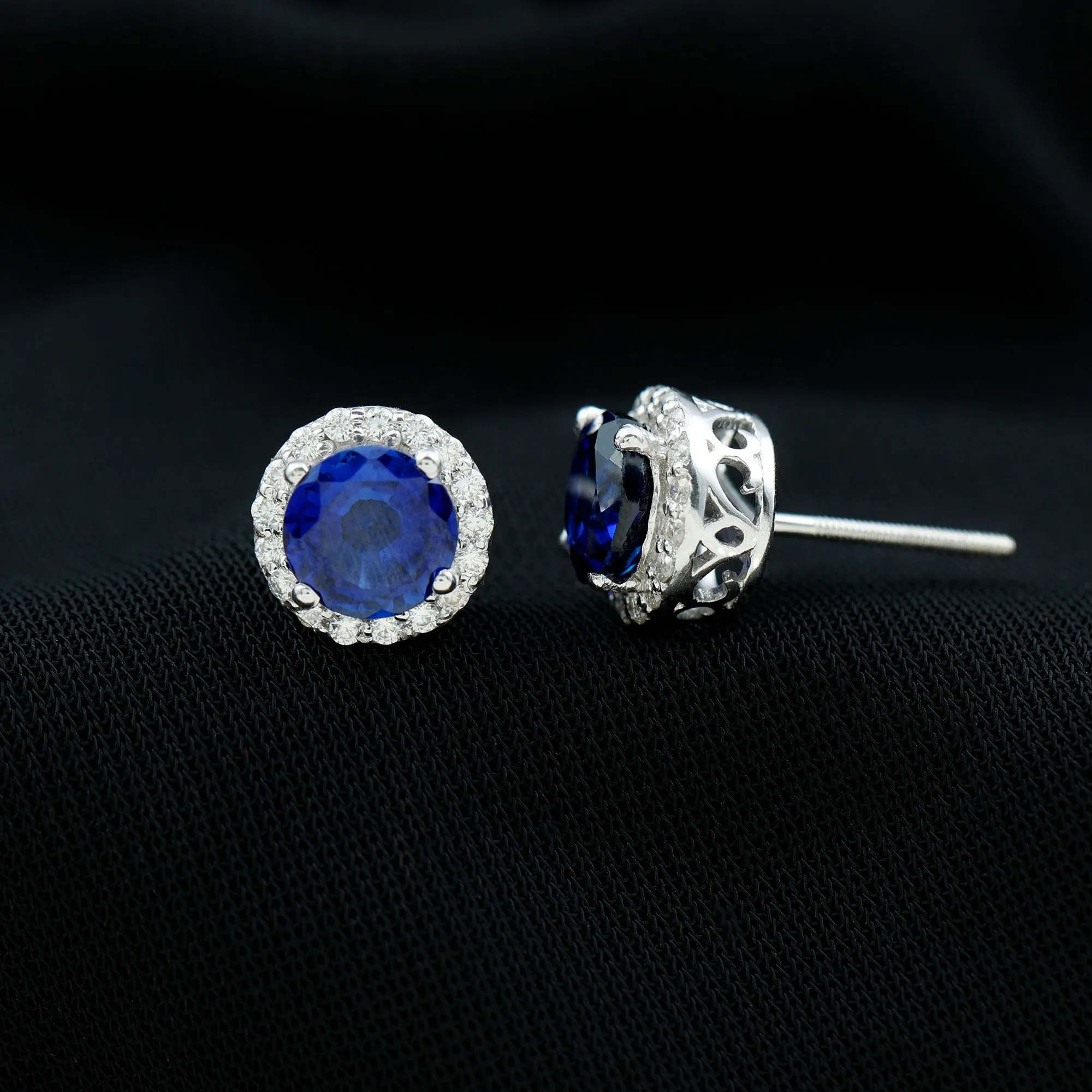 Round Created Blue Sapphire Halo Silver Stud Earrings with Moissanite