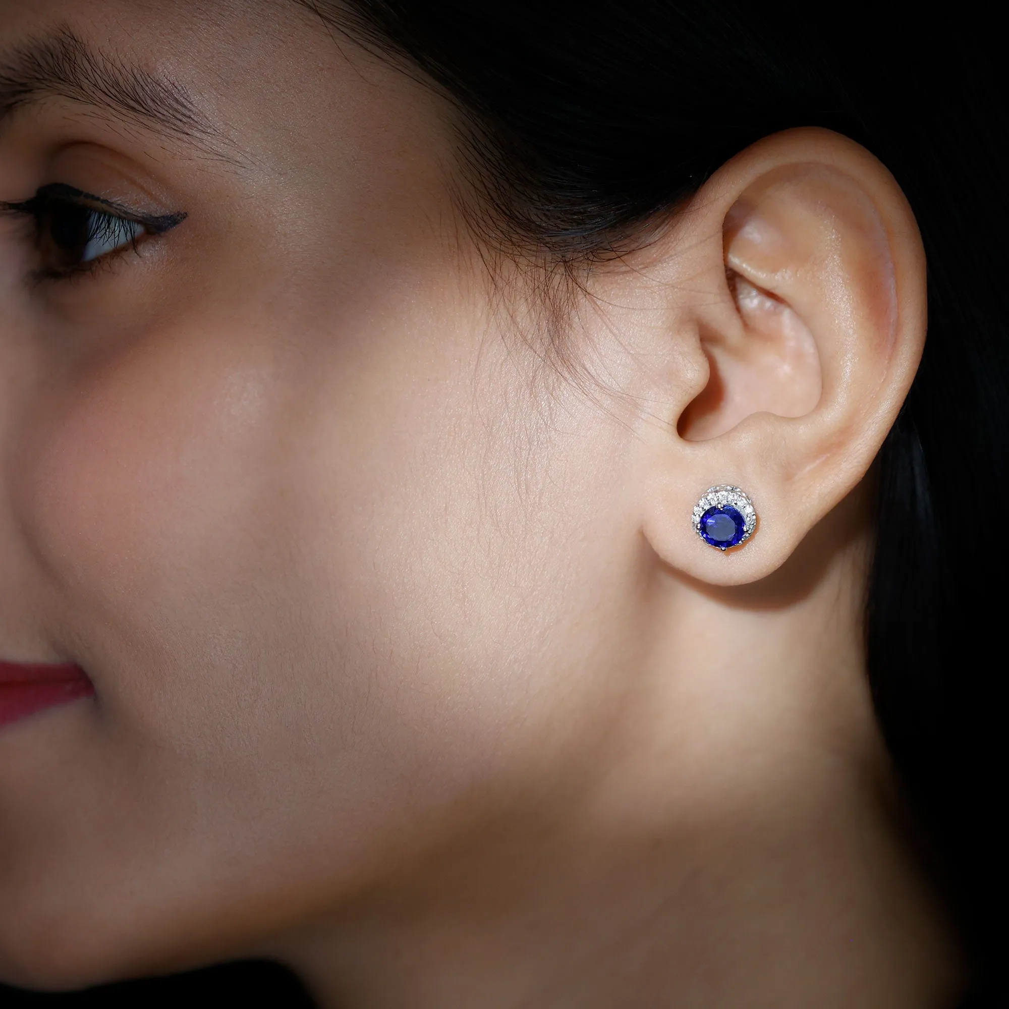 Round Created Blue Sapphire Halo Silver Stud Earrings with Moissanite