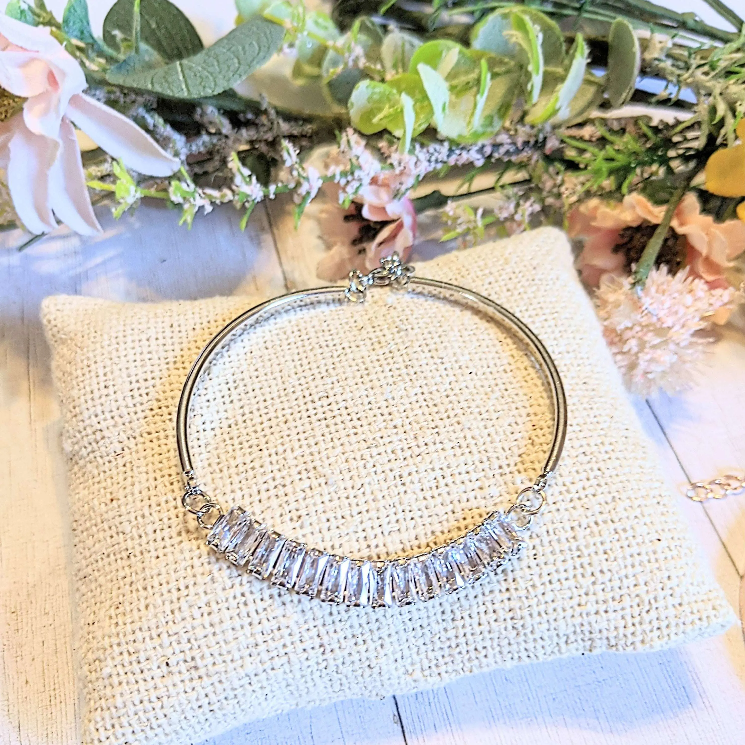 Silver CZ Baguette Bangle Bracelet, Large