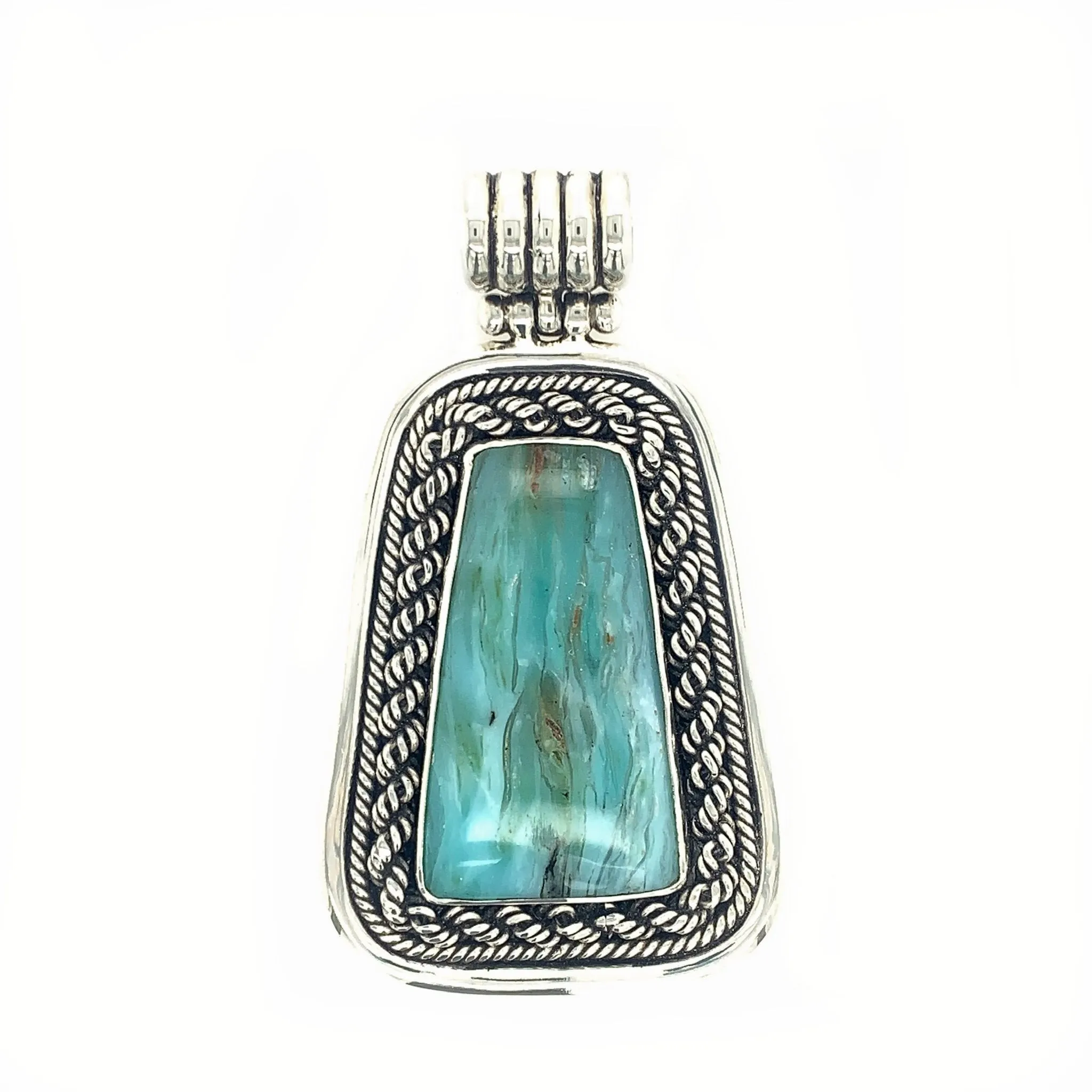 Sterling Silver & Peruvian Blue Opal Trapezoid Pendant with Rope Detail