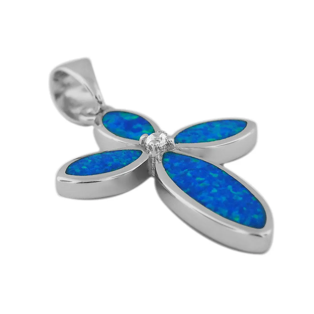 Sterling Silver Synthetic Blue Opal Cross Pendant Necklace, 16 2" Extender