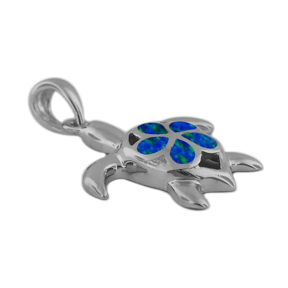 Sterling Silver Synthetic Opal Turtle Plumeria Pendant Necklace