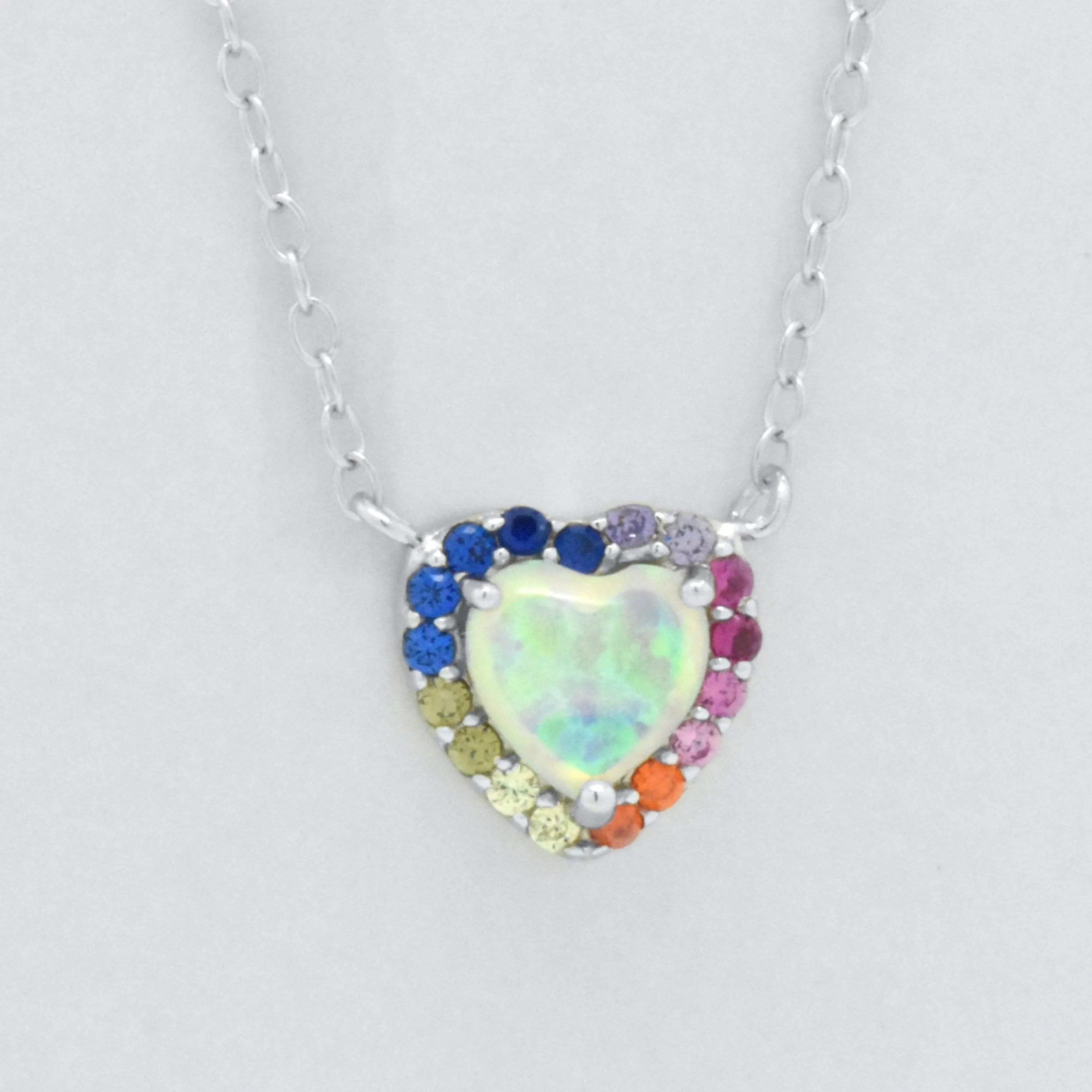 Sterling Silver White Heart Opal Rainbow Sapphire Adjustable Halo Necklace
