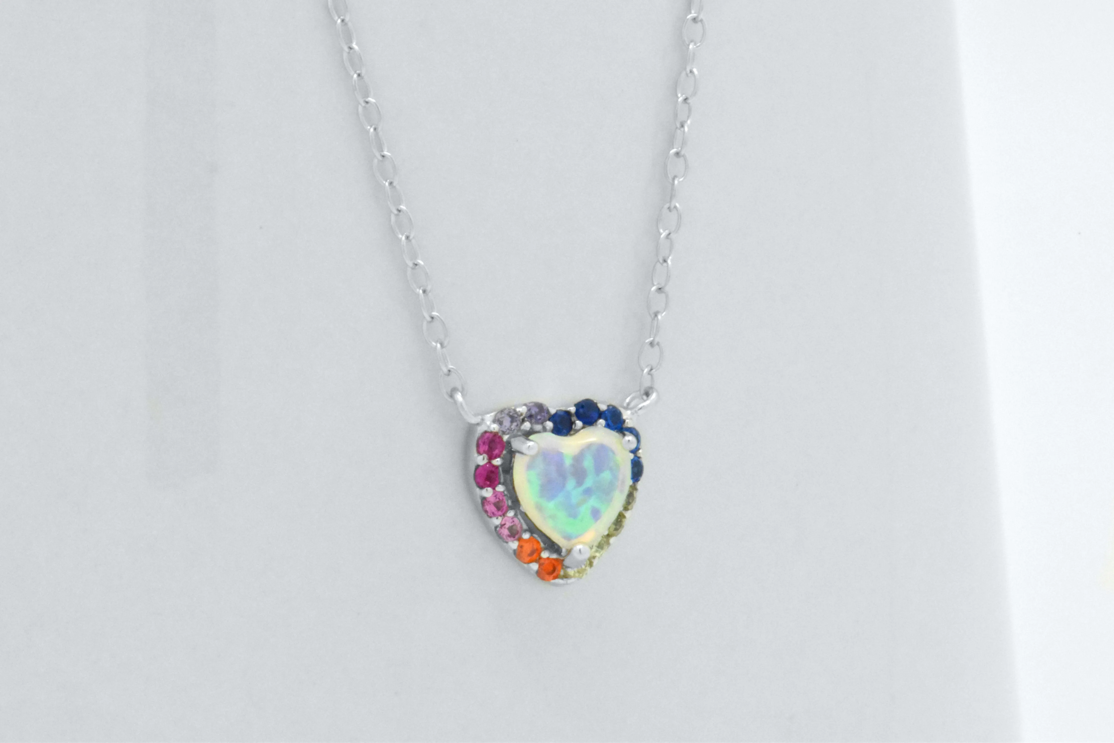 Sterling Silver White Heart Opal Rainbow Sapphire Adjustable Halo Necklace
