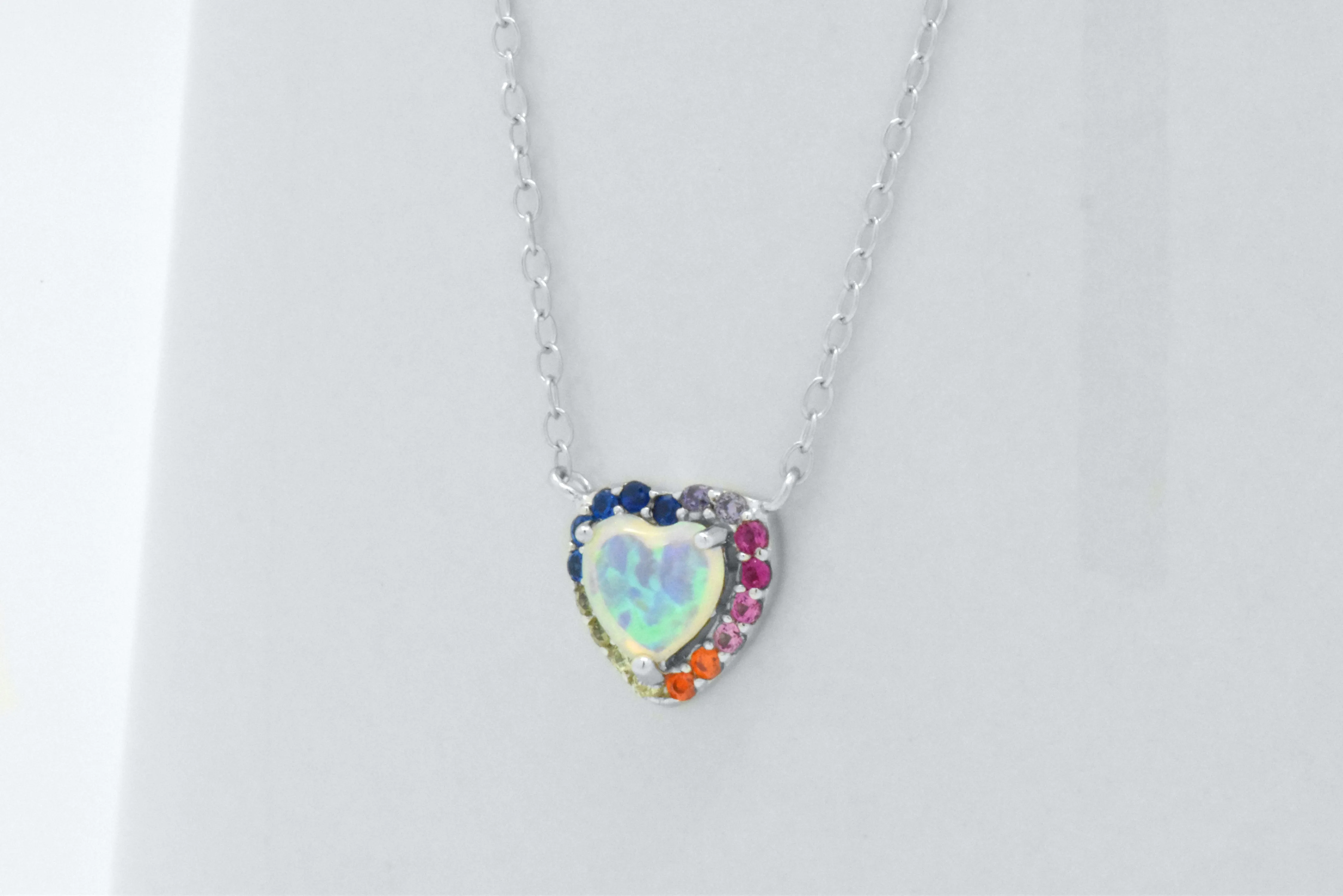 Sterling Silver White Heart Opal Rainbow Sapphire Adjustable Halo Necklace