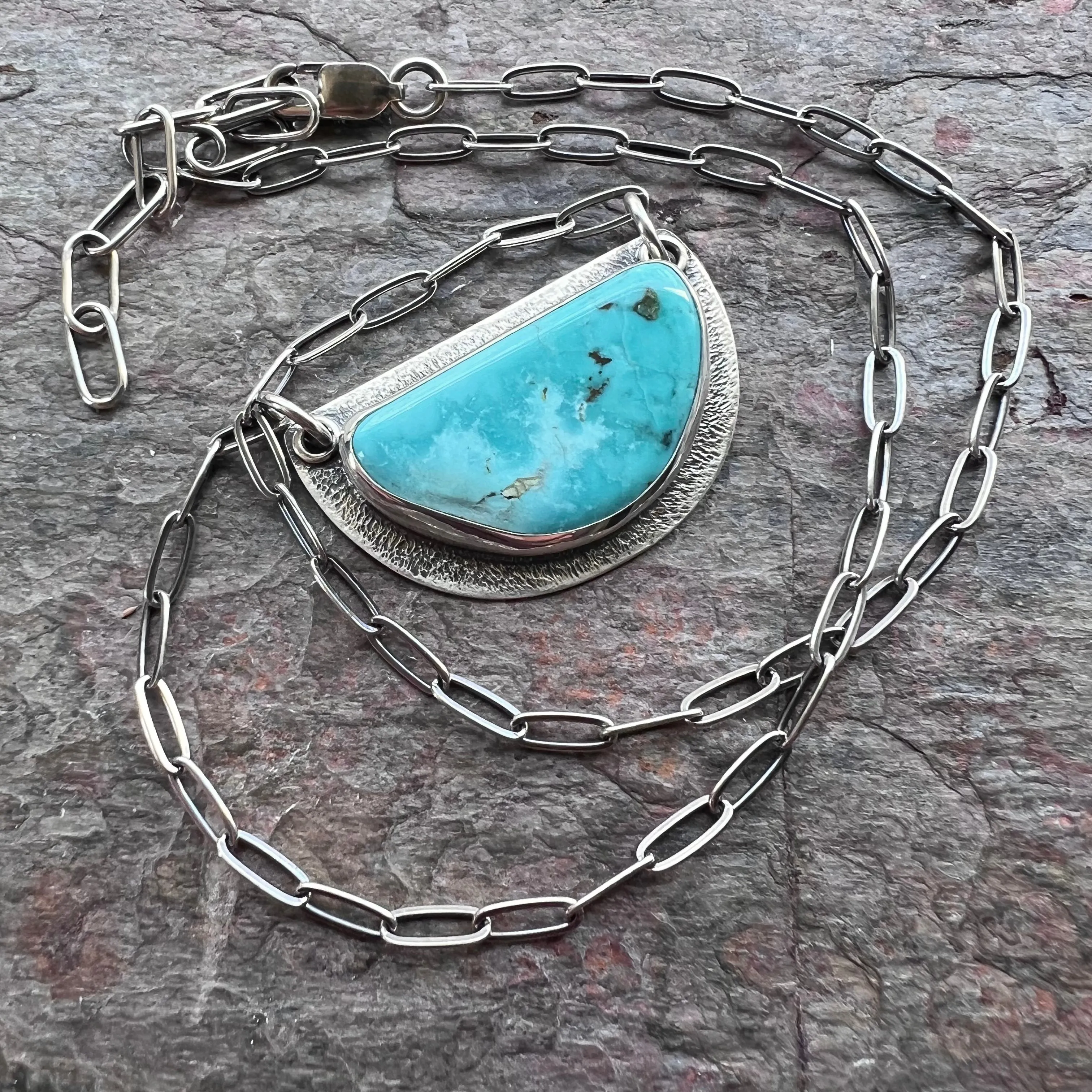 Turquoise and Sterling Silver Semicircle Pendant - One-of-a-Kind Turquoise Statement Necklace