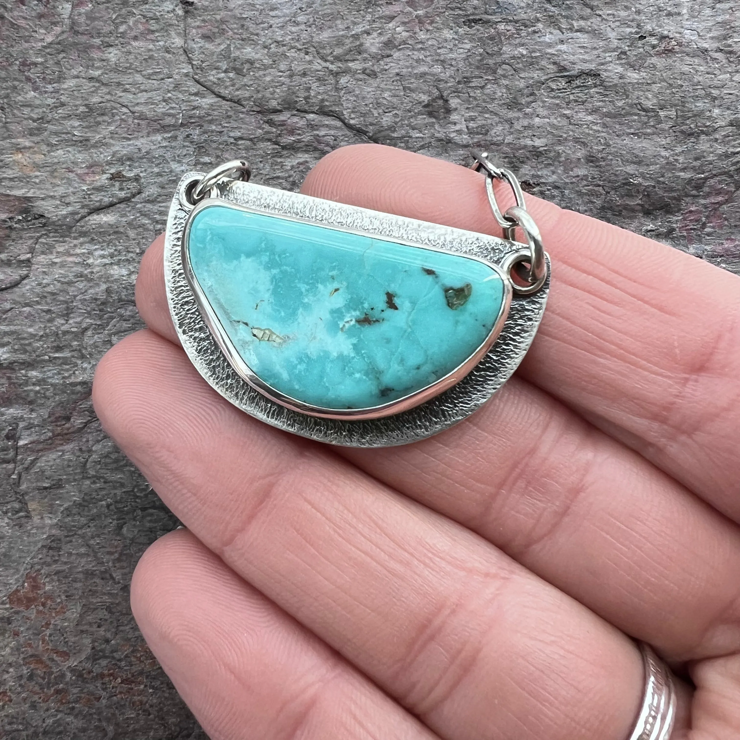 Turquoise and Sterling Silver Semicircle Pendant - One-of-a-Kind Turquoise Statement Necklace