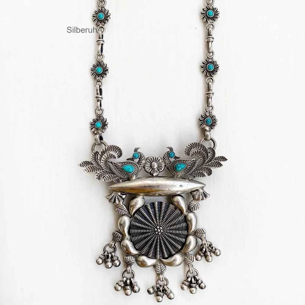 Turquoise Peacock Silver Tribal Necklace