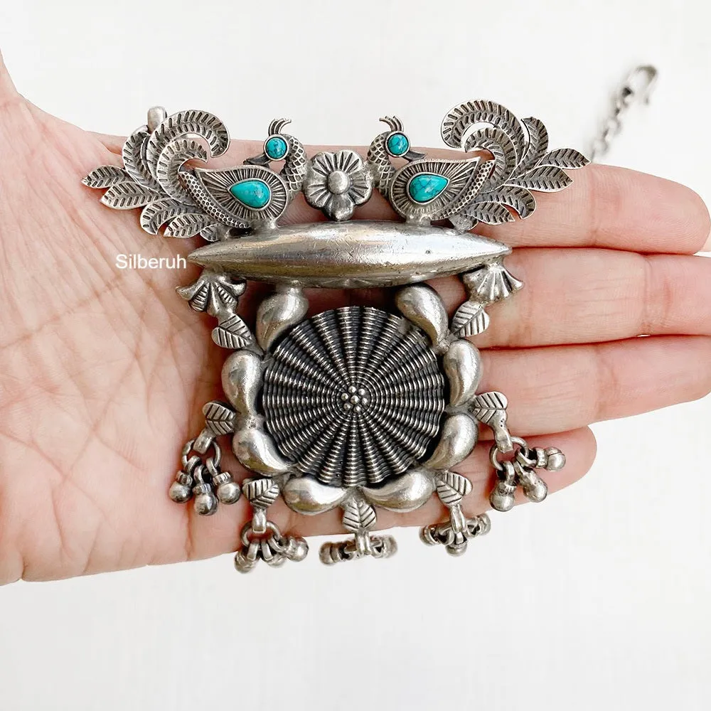 Turquoise Peacock Silver Tribal Necklace