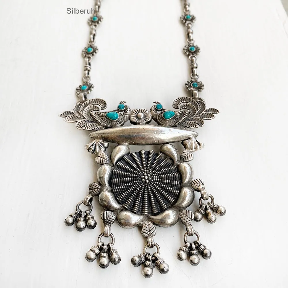 Turquoise Peacock Silver Tribal Necklace