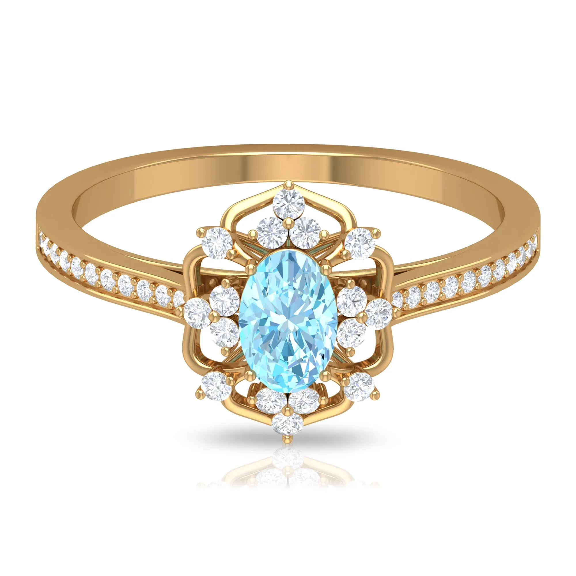 Vintage Style Aquamarine Flower Engagement Ring with Diamond