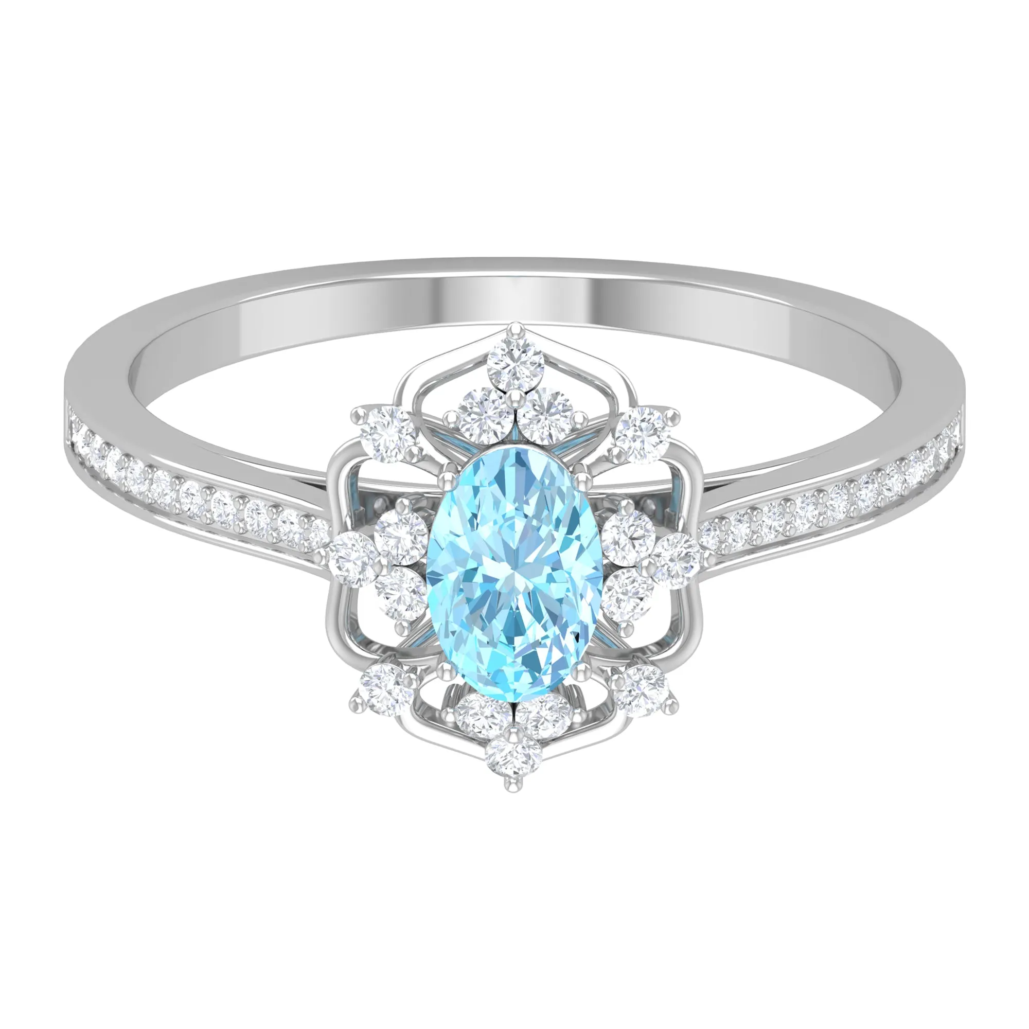 Vintage Style Aquamarine Flower Engagement Ring with Diamond