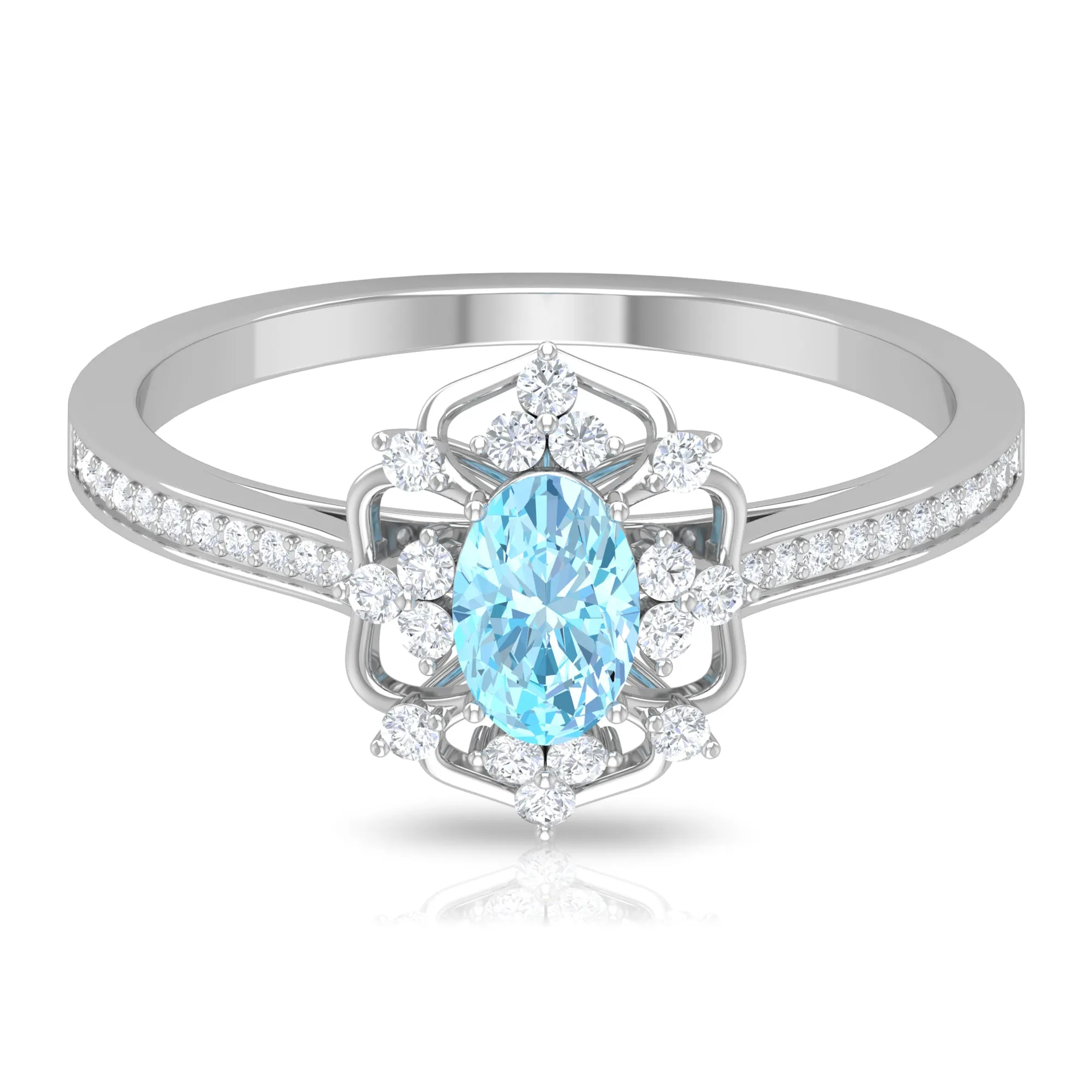 Vintage Style Aquamarine Flower Engagement Ring with Diamond