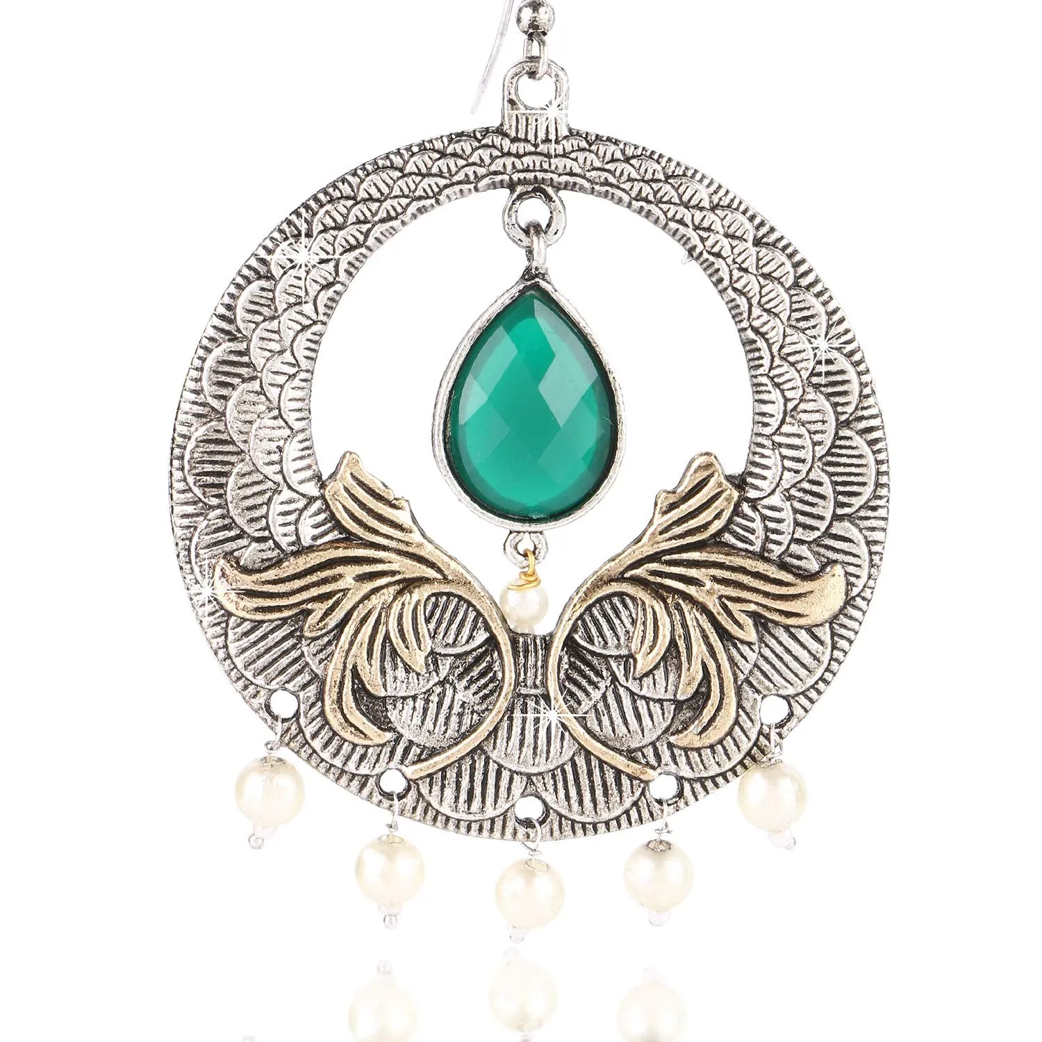 Yellow Chimes Emerald Stone Dual Tone German Silver Oxidixed Chandbali Earring Earrings for Women and Girls